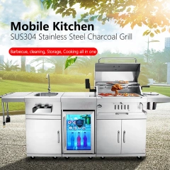 304 Stainless Steel European Combined Outdoor Charcoal Barbecue Grill With Cabinet Fridge Washing Sink Ice Barrel