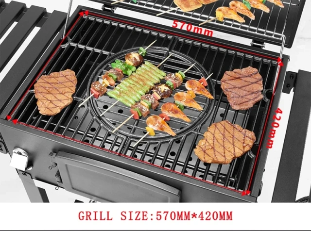 Outdoor Commercial Charcoal Rotisserie Rotating BBQ Grill Cast Iron Barbecue Carbon Smokers Grill Trolley