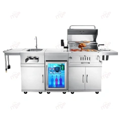 304 Stainless Steel European Combined Outdoor Charcoal Barbecue Grill With Cabinet Fridge Washing Sink Ice Barrel