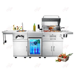 304 Stainless Steel European Combined Outdoor Charcoal Barbecue Grill With Cabinet Fridge Washing Sink Ice Barrel