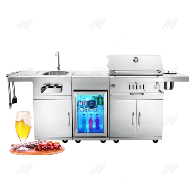 304 Stainless Steel European Combined Outdoor Charcoal Barbecue Grill With Cabinet Fridge Washing Sink Ice Barrel
