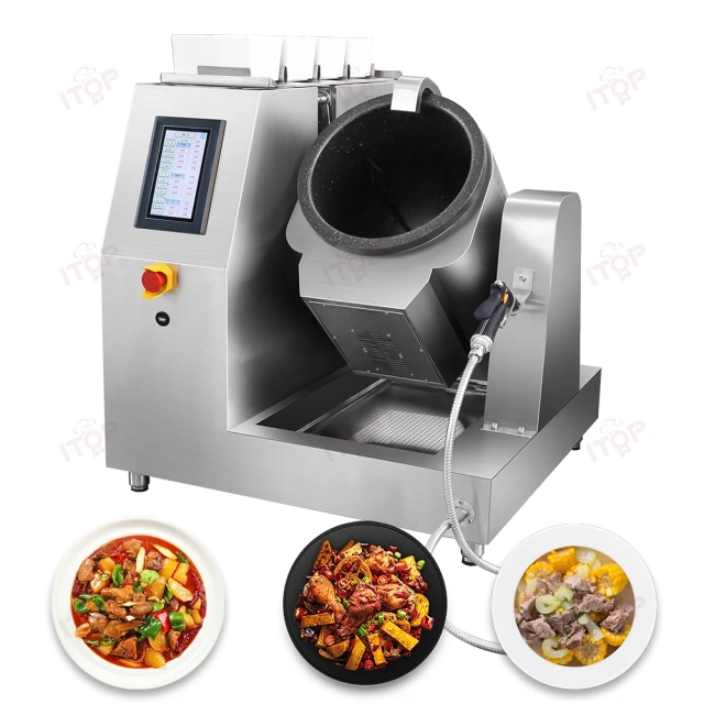 Large Capacity Heavy Duty Electromagnetic Induction Automatic Stir Fry Cooking Machine Store 500+ Recipes Touch Screen Display