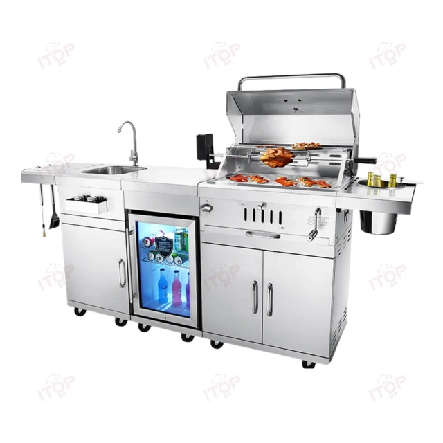 304 Stainless Steel European Combined Outdoor Charcoal Barbecue Grill With Cabinet Fridge Washing Sink Ice Barrel