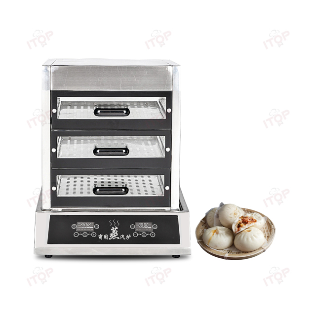 High Power Double Heating System Electric Bun Steamer Commercial 6kw 8kw Dumpling Baozi Stuffed Food Steamer Machine