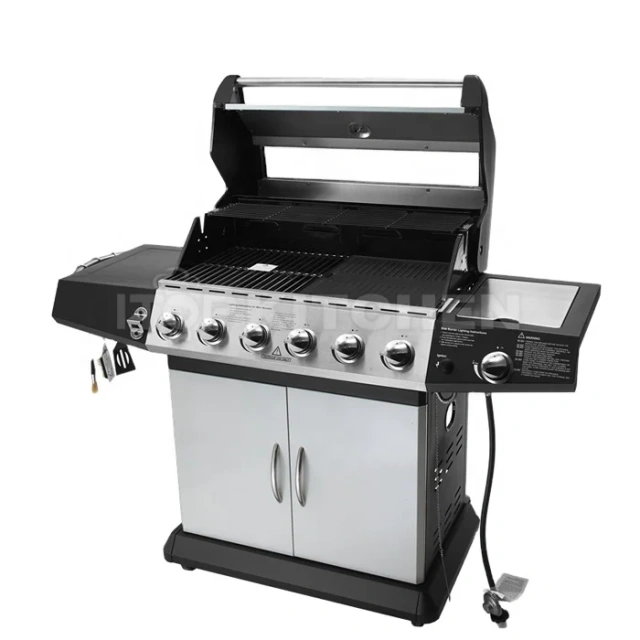 304 Stainless Steel 6+1 Burners Outdoor Gas Grill Commercial Gas Barbecue Trolley Smokeless Bbq Grill Machine