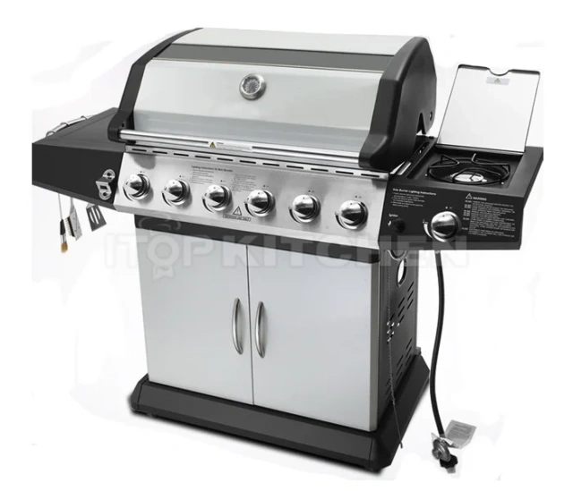 304 Stainless Steel 6+1 Burners Outdoor Gas Grill Commercial Gas Barbecue Trolley Smokeless Bbq Grill Machine