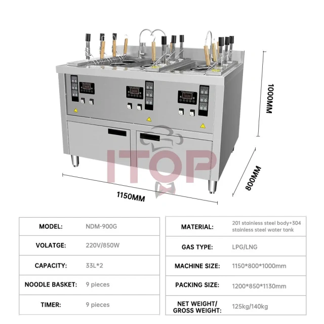 Digital Timing 9 Heads Automatic Lift-up Gas Noodle Cooker Pasta Cooking Machine