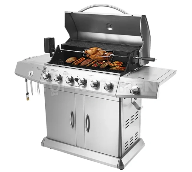 Family Day 7 Burners Commercial Gas Grill Machine Europe USA Style Stainless Steel Liquid Propane Gas BBQ Trolley
