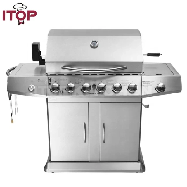 Family Day 7 Burners Commercial Gas Grill Machine Europe USA Style Stainless Steel Liquid Propane Gas BBQ Trolley