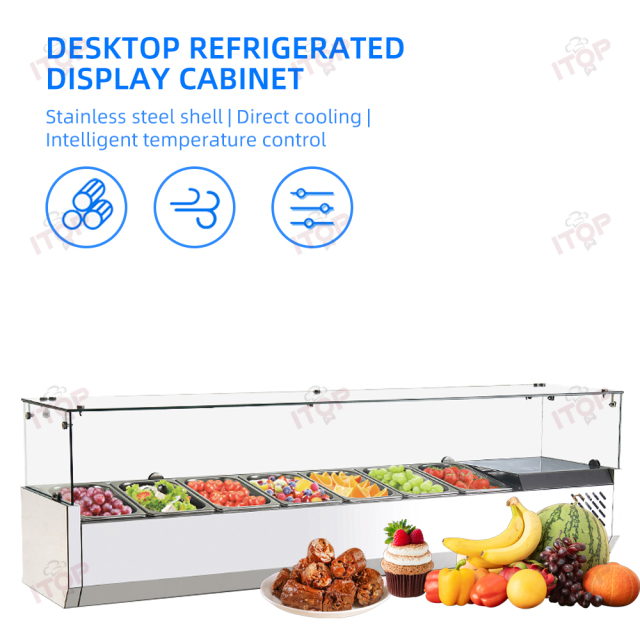 7 Pans 110v 220v Commercial Electric Salad Bar Refrigerator Counter Stainless Steel Counter Top Pizza Salad Display Cooler