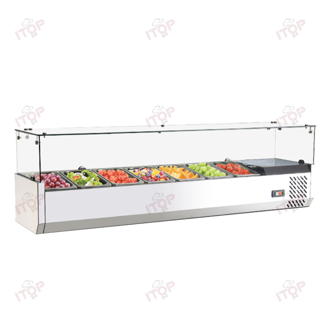 7 Pans 110v 220v Commercial Electric Salad Bar Refrigerator Counter Stainless Steel Counter Top Pizza Salad Display Cooler