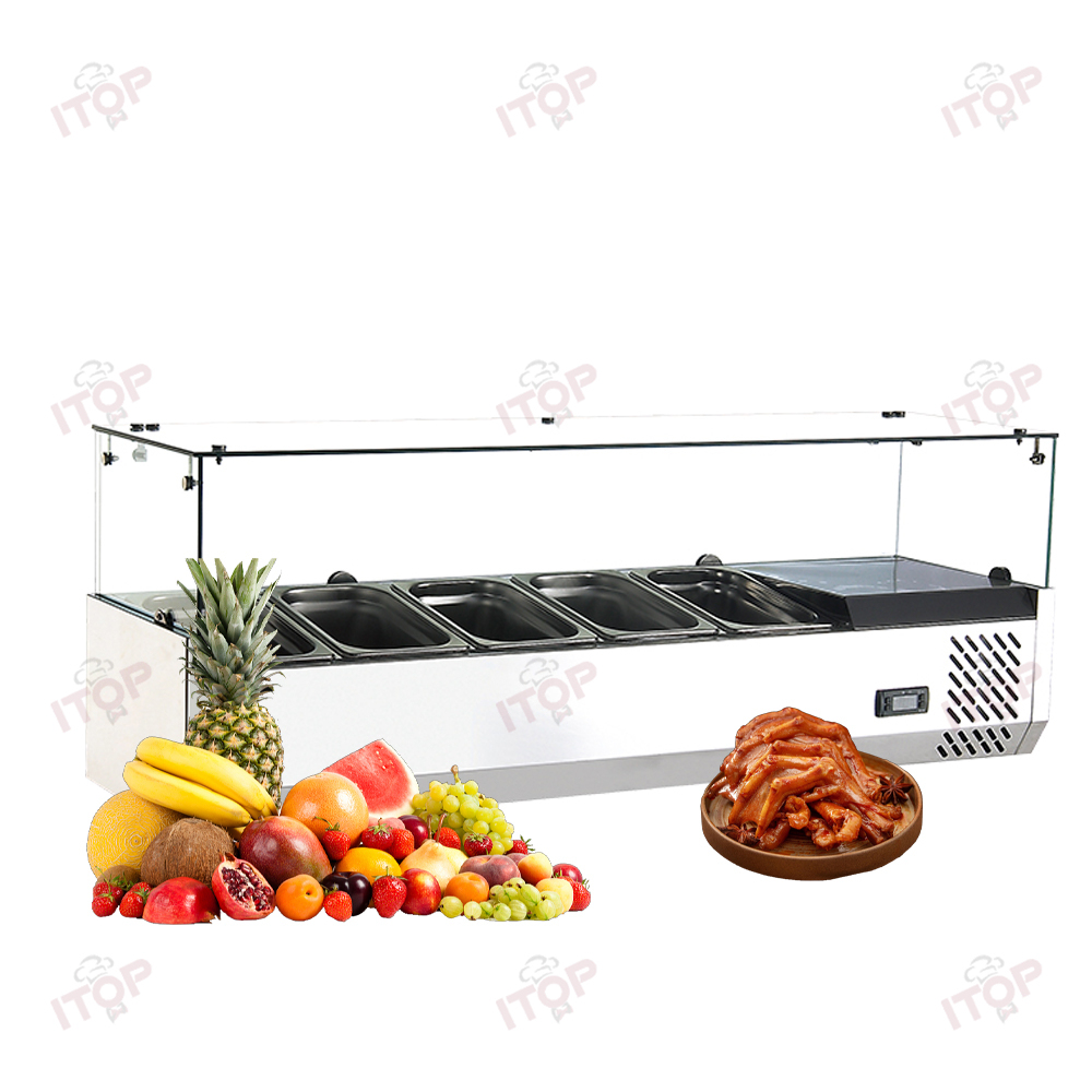 5 Pans Pizza Salad Bar Display Showcase Sandwich Prep-table Refrigerator Counter Top Commercial Stainless Steel Counter Freezer