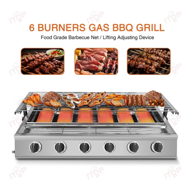 Stainless Steel Gas 6 Burners Tabletop Barbecue Grill Smokeless Outdoor Bbq Barbecue Grill Machine