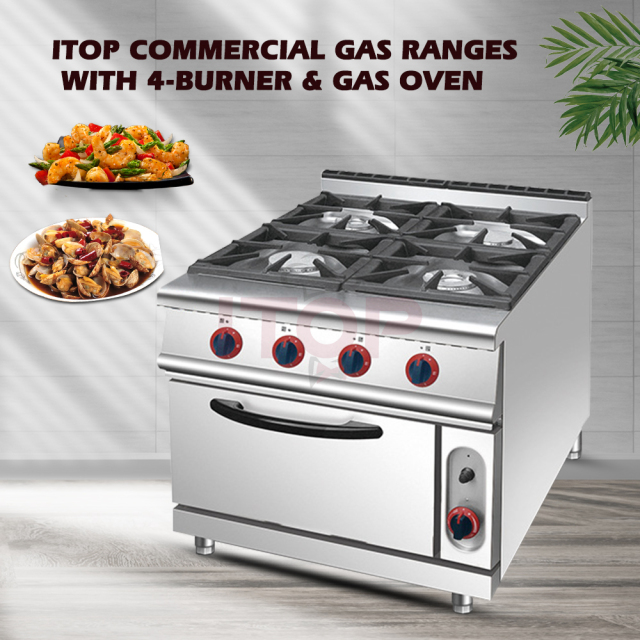 Commercial Kitchen Equipments Stainless Steel 4 Burners Gas Stoves With Gas Oven For Restaurant Hotel Kitchen Solution