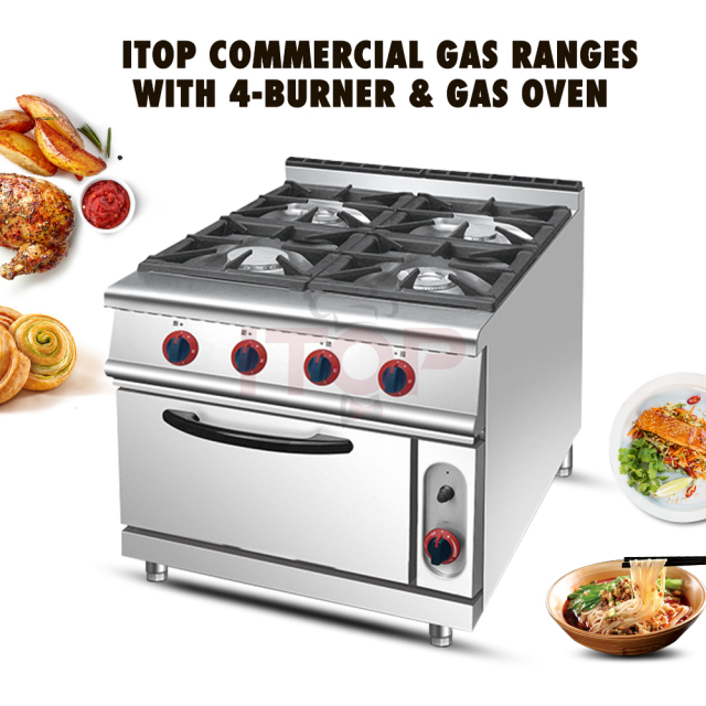 Commercial Kitchen Equipments Stainless Steel 4 Burners Gas Stoves With Gas Oven For Restaurant Hotel Kitchen Solution