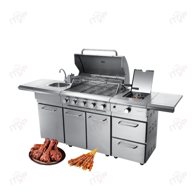 Customizable Luxury Commercial Villa Courtyard Kitchen Outdoor Bbq Grill Set With Bbq Grill Kitchen Cabinet Washing Sink Freezer