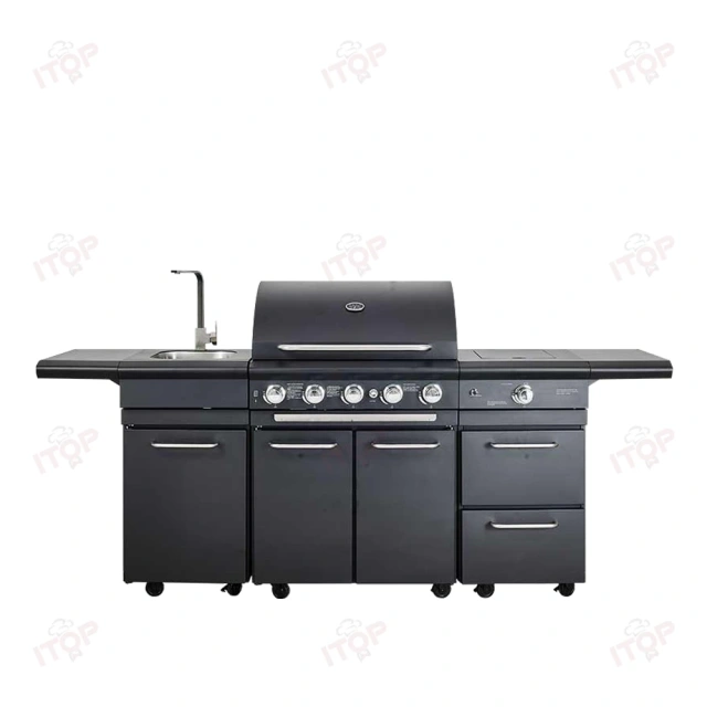 Customizable Luxury Commercial Villa Courtyard Kitchen Outdoor Bbq Grill Set With Bbq Grill Kitchen Cabinet Washing Sink Freezer