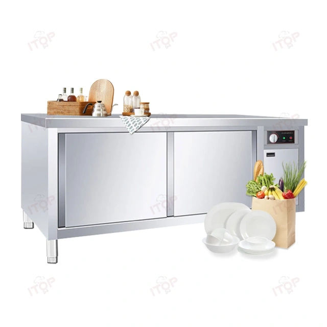 Industrial Stainless Steel Work Table With Sliding Door for Food Prep Kitchen Dish Warmer for Hotels Restaurants