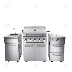 Customizable Luxury Commercial Villa Courtyard Kitchen Outdoor Bbq Grill Set With Bbq Grill Kitchen Cabinet Washing Sink Freezer