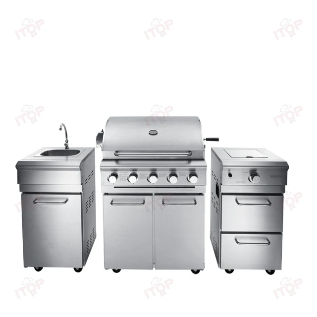 Customizable Luxury Commercial Villa Courtyard Kitchen Outdoor Bbq Grill Set With Bbq Grill Kitchen Cabinet Washing Sink Freezer