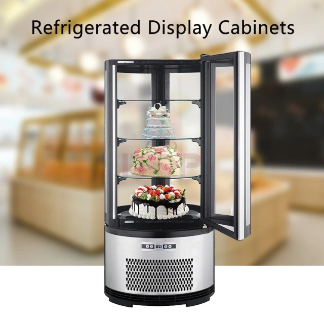 105l Commercial Glass Front Open Round Rotating Cake Display Refrigeration Showcase With Double Layers Tempered Glass