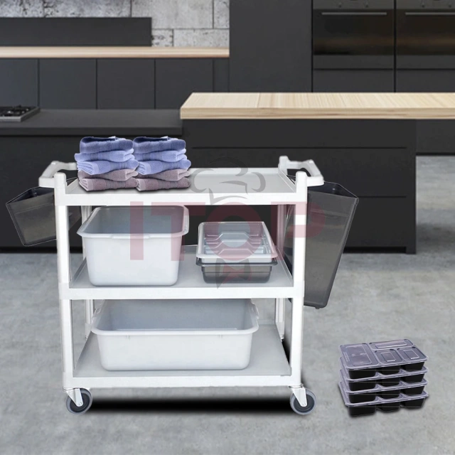 Multifunctional PP Kitchen Storage Rack Trolley for Service Restaurant Hotel Cleaning and Bar Laundry Cart Use