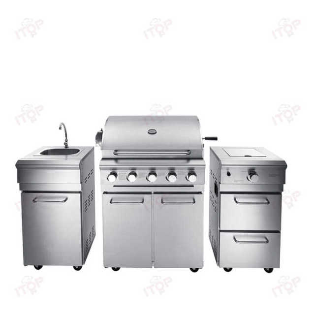 Customizable Luxury Commercial Villa Courtyard Kitchen Outdoor Bbq Grill Set With Bbq Grill Kitchen Cabinet Washing Sink Freezer