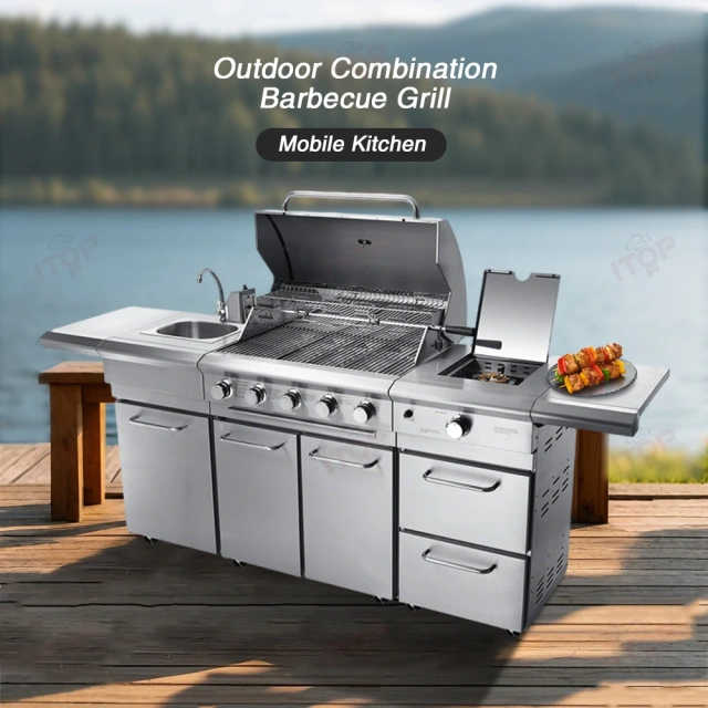 Customizable Luxury Commercial Villa Courtyard Kitchen Outdoor Bbq Grill Set With Bbq Grill Kitchen Cabinet Washing Sink Freezer