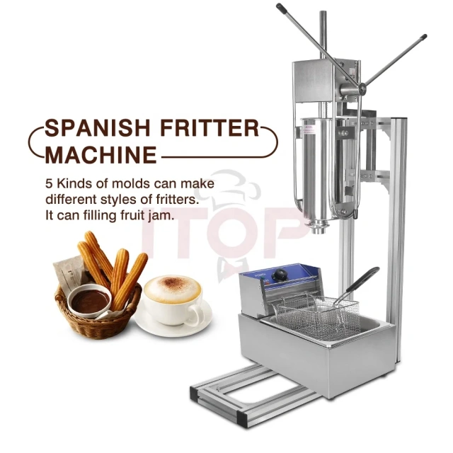 5L Spanish Manual Churro Maker Machine and 8L Electric Fryer Spain Donut Sticks Machine with 5 Pieces Nozzles