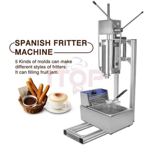 5L Spanish Manual Churro Maker Machine and 8L Electric Fryer Spain Donut Sticks Machine with 5 Pieces Nozzles