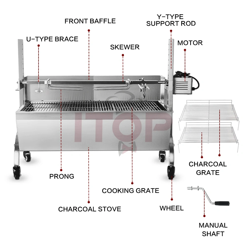 Outdoor Large Stainless Steel Hog Lamb Charcoal Barbeque Bbq Rotisserie Spit Roaster with 40kg Electric Motor Grill