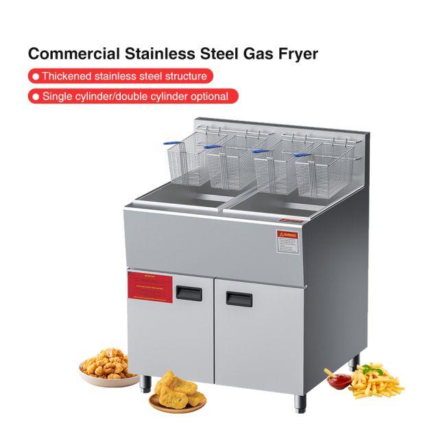 Ce 2 Tanks 3+3 Burners Stainless Steel Gas Deep Fryer 28l*2 Commercial Potato Chips Frying Machine With Oil Discharge Device