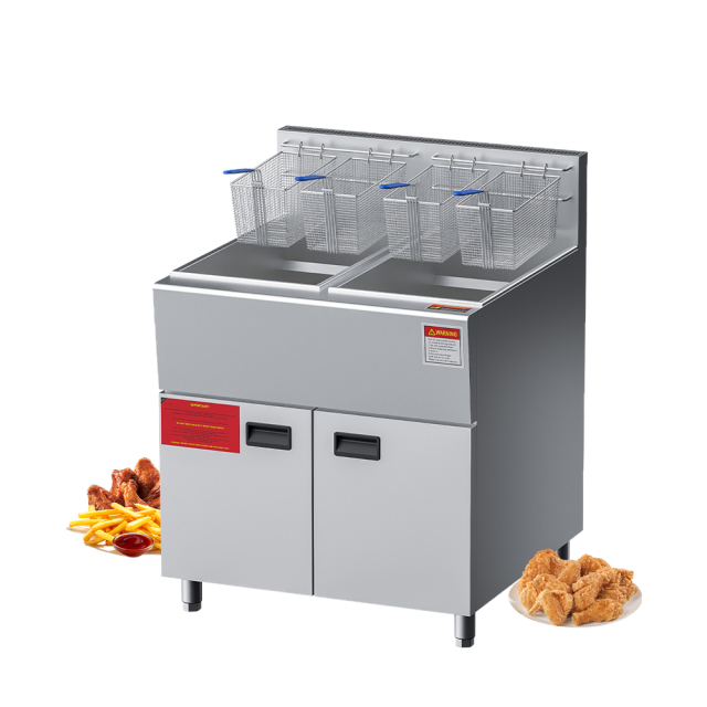 Ce 2 Tanks 3+3 Burners Stainless Steel Gas Deep Fryer 28l*2 Commercial Potato Chips Frying Machine With Oil Discharge Device
