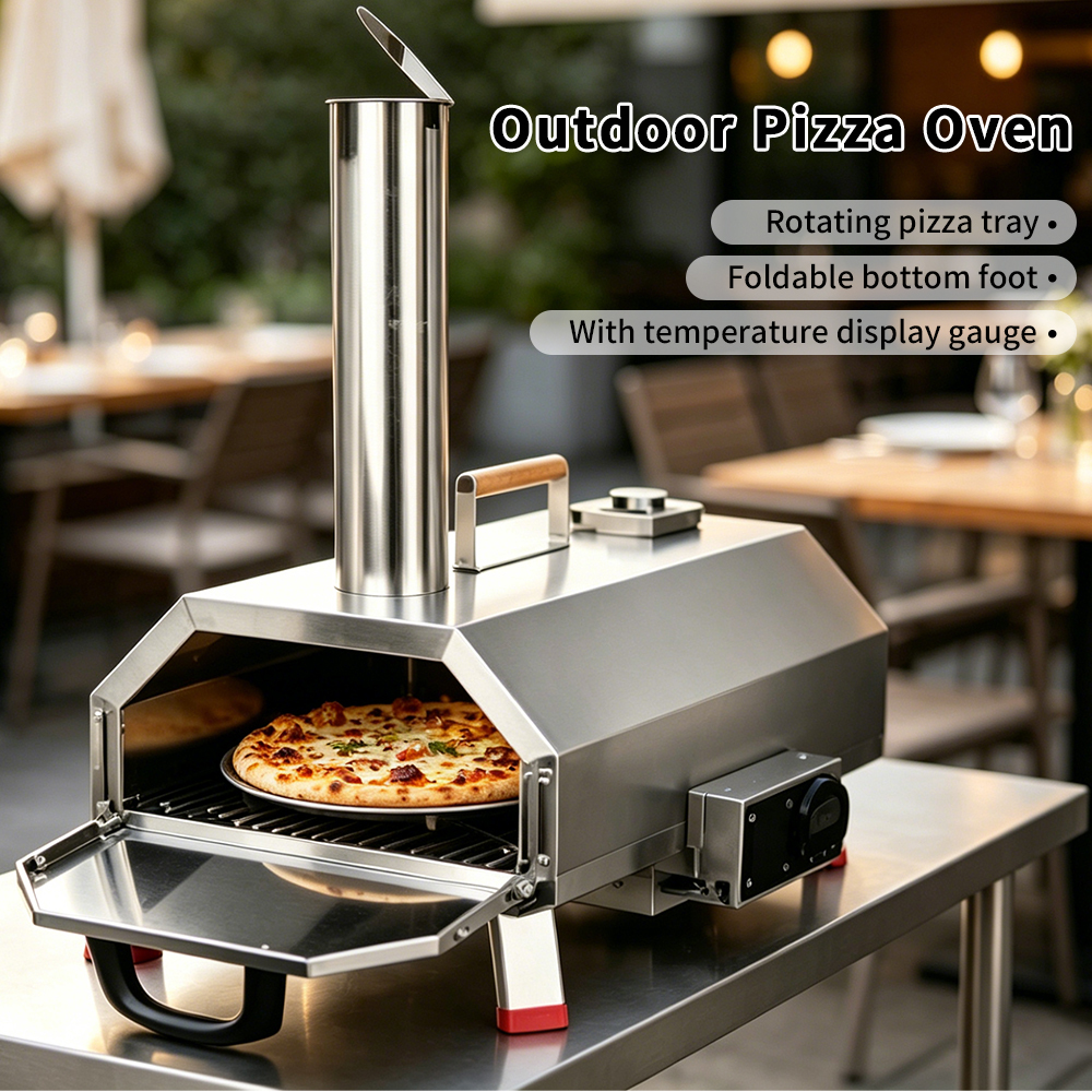 Stainless Steel Outdoor 12" Automatic Rotatable Pizza Oven Portable Wood Fired Pizza Oven With Temperature Display Gauge