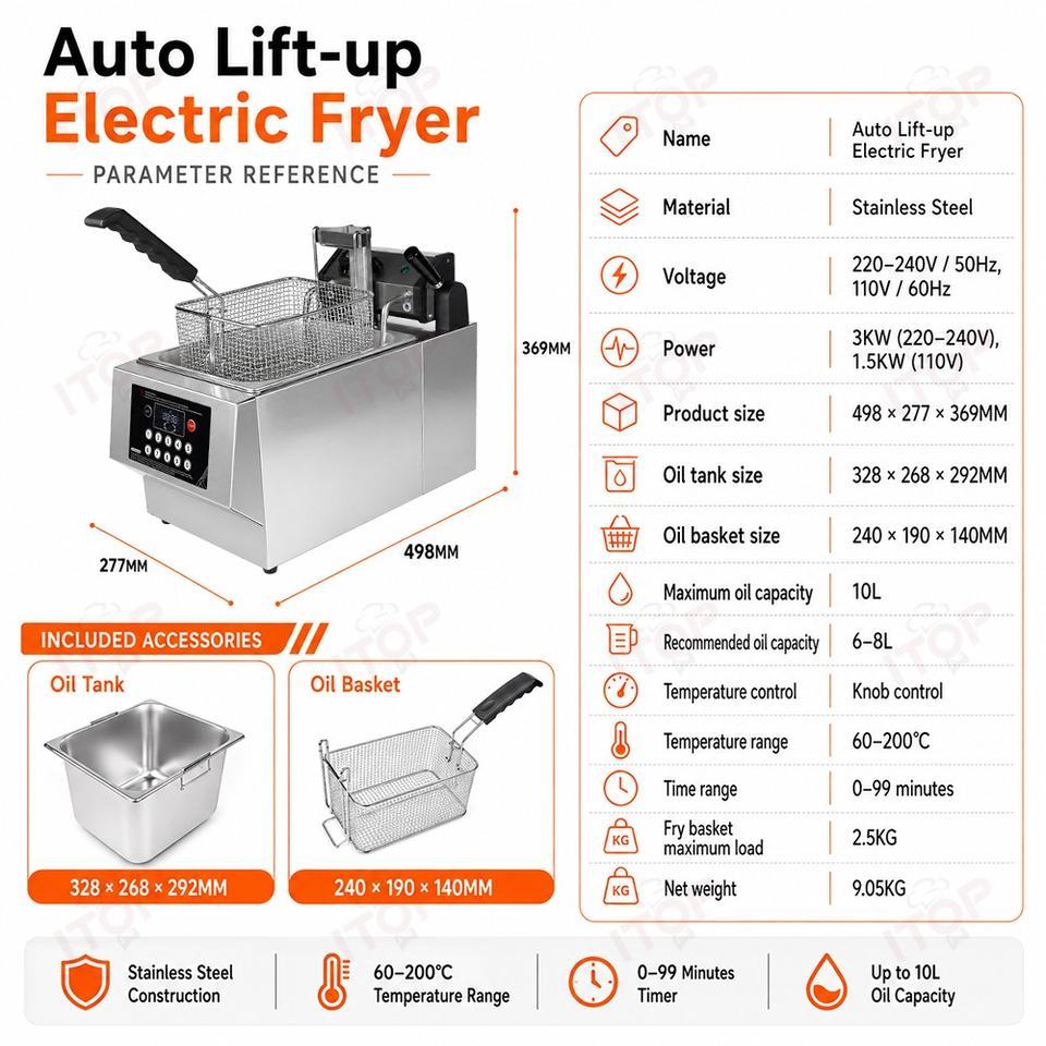 Commercial 8L Automatic Lift Electric Deep Fryer with Timer and Temperature Control