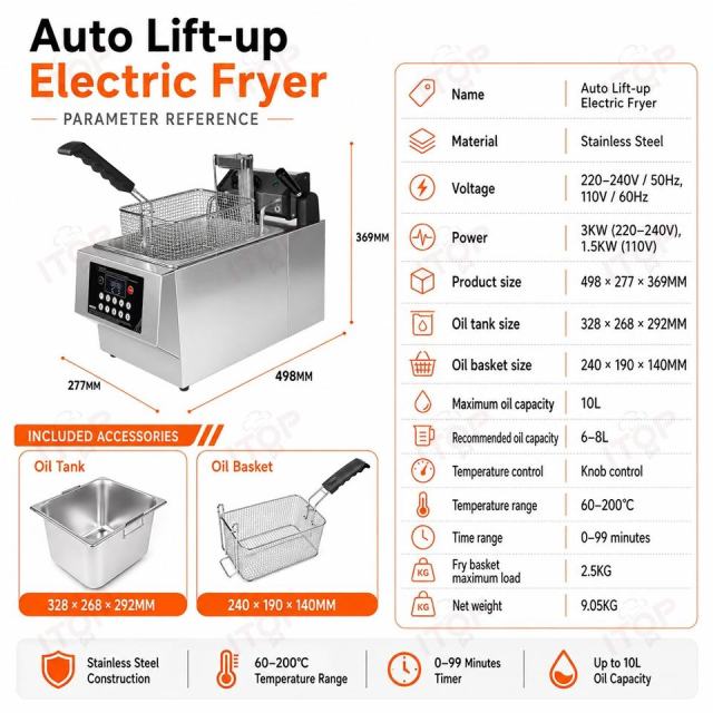 Commercial 8L Automatic Lift Electric Deep Fryer with Timer and Temperature Control
