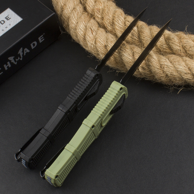 Benchmade 3370GY Claymore OTF AUTO Knife 3.89" CPM-D2 Double Edge Dagger Blade, Black Grivory Handles