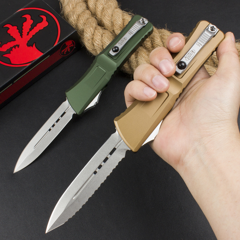 Microtech  Combat Troodon Gen III AUTO OTF Knife 3.85" M390MK Stonewashed Double Edge Dagger Blade, Deep Engraved Aluminum Handles