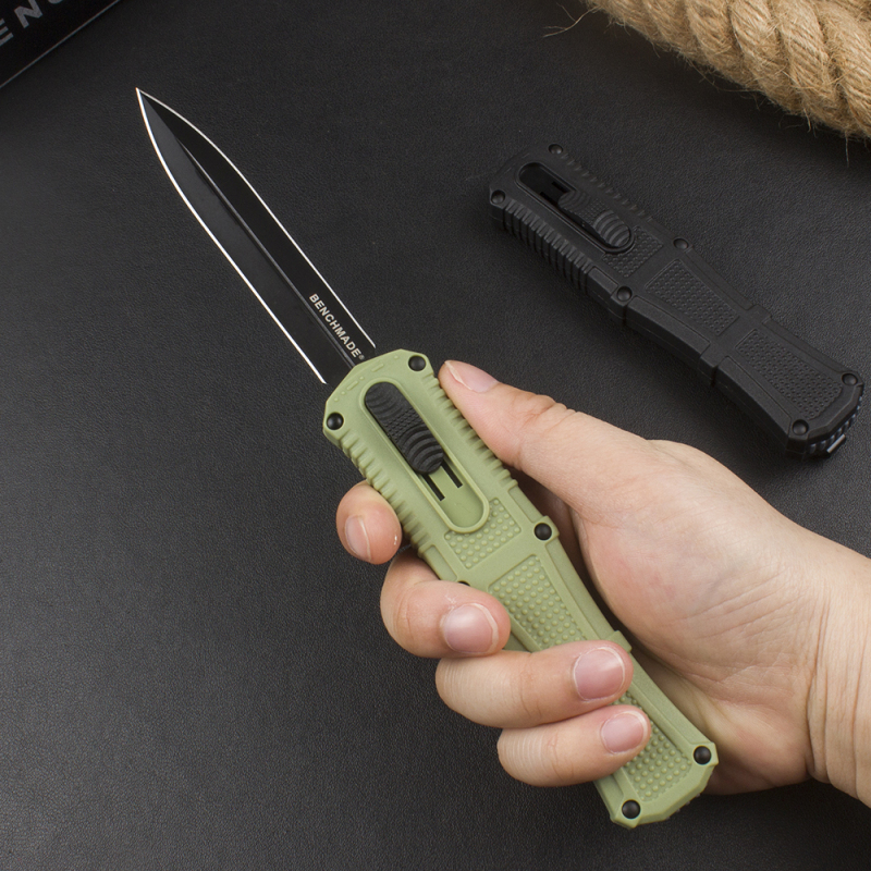 Benchmade 3370GY Claymore OTF AUTO Knife 3.89" CPM-D2 Double Edge Dagger Blade, Black Grivory Handles