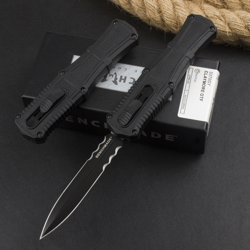 Benchmade 3370GY Claymore OTF AUTO Knife 3.89" CPM-D2 Double Edge Dagger Blade, Black Grivory Handles