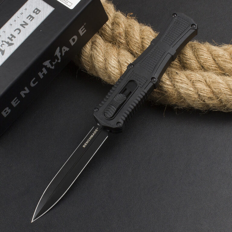 Benchmade 3370GY Claymore OTF AUTO Knife 3.89" CPM-D2 Double Edge Dagger Blade, Black Grivory Handles