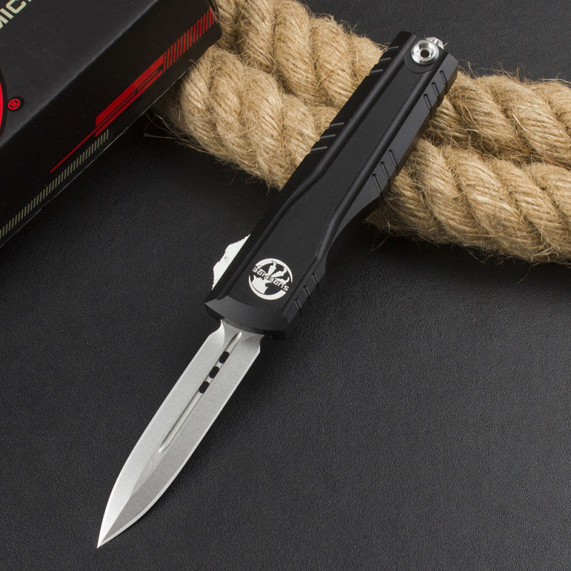 Microtech Combat Troodon Gen II AUTO OTF Knife 2.95" D2 Double Edge Dagger Blade, Black Aluminum Handles