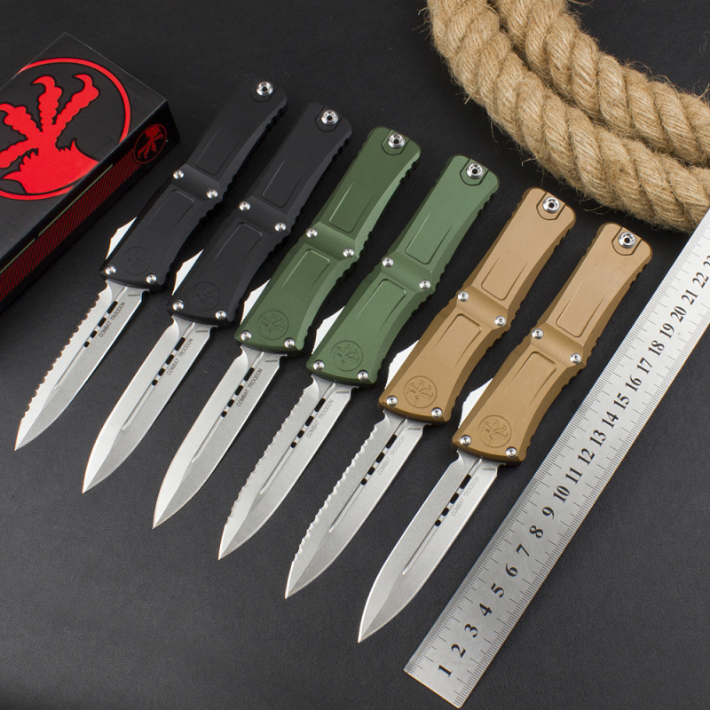 Microtech  Combat Troodon Gen III AUTO OTF Knife 3.85" M390MK Stonewashed Double Edge Dagger Blade, Deep Engraved Aluminum Handles