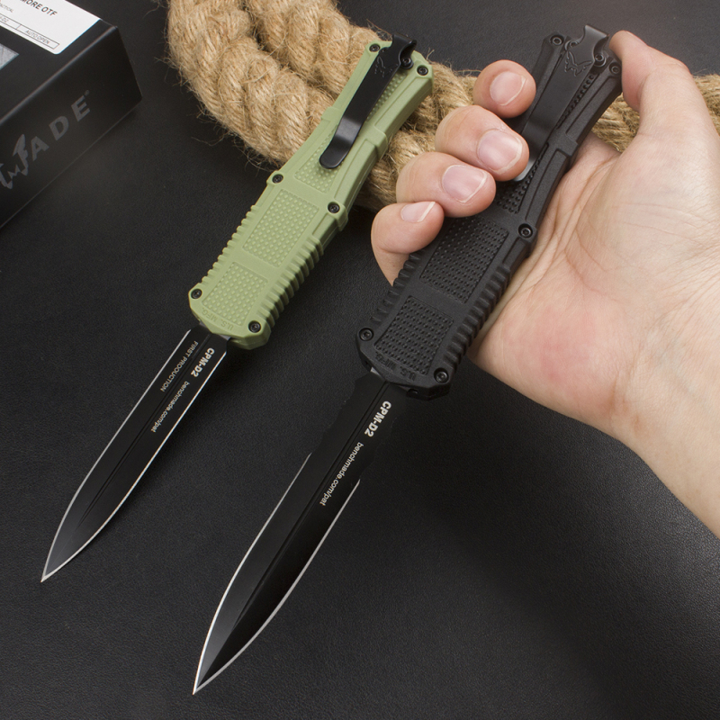 Benchmade 3370GY Claymore OTF AUTO Knife 3.89" CPM-D2 Double Edge Dagger Blade, Black Grivory Handles