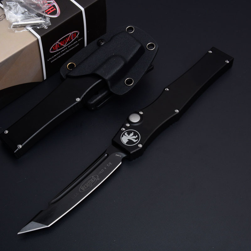 Microtech Customs Marfione Halo V OTF AUTO Knife 4.17" Black ELmax Tanto Blade, Aluminum Alloy Handles