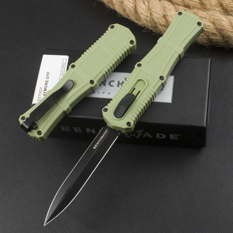 Benchmade 3370GY Claymore OTF AUTO Knife 3.89" CPM-D2 Double Edge Dagger Blade, Black Grivory Handles
