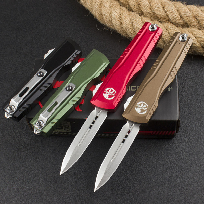 Microtech Combat Troodon Gen II AUTO OTF Knife 2.95" D2 Double Edge Dagger Blade, Black Aluminum Handles