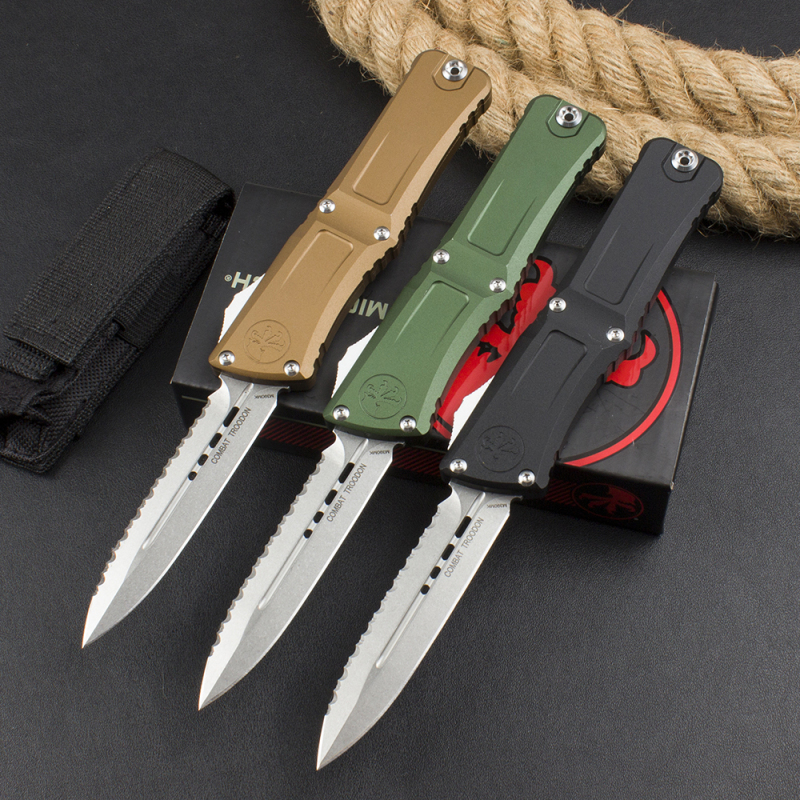 Microtech  Combat Troodon Gen III AUTO OTF Knife 3.85" M390MK Stonewashed Double Edge Dagger Blade, Deep Engraved Aluminum Handles