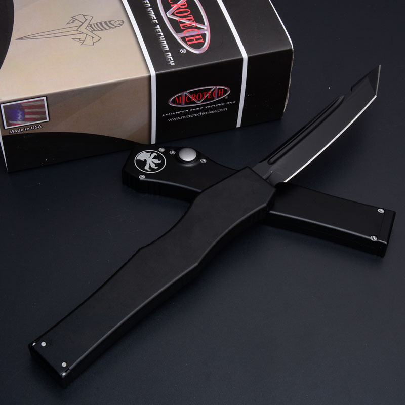 Microtech Customs Marfione Halo V OTF AUTO Knife 4.17" Black ELmax Tanto Blade, Aluminum Alloy Handles