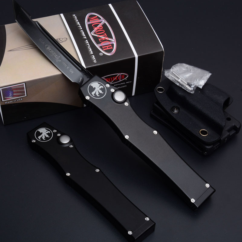 Microtech Customs Marfione Halo V OTF AUTO Knife 4.17" Black ELmax Tanto Blade, Aluminum Alloy Handles